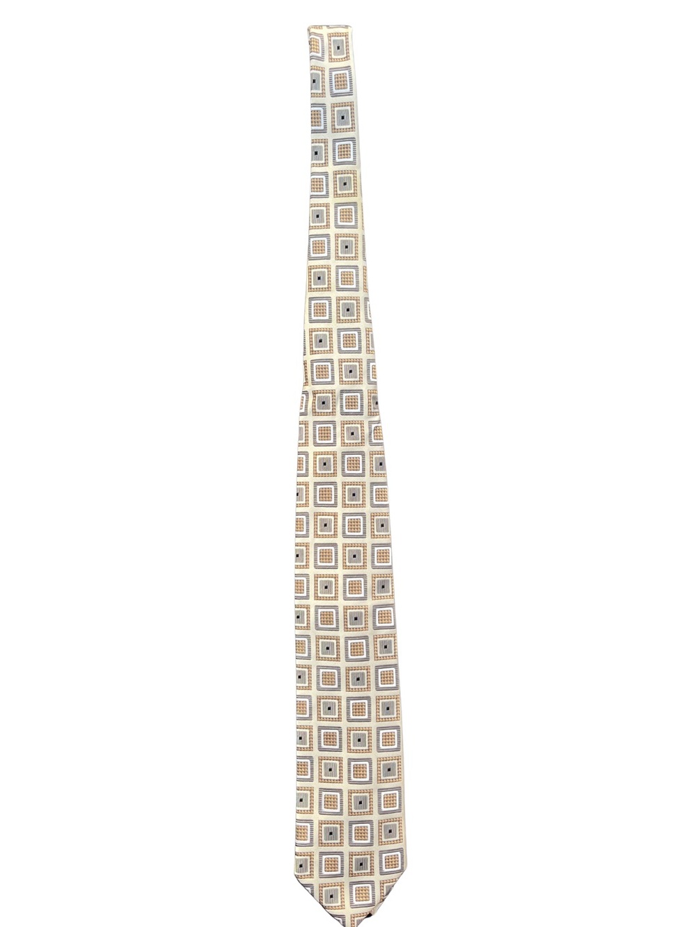 Hermoso New York Geometric Square Pattern Silk Tie in Beige, Gold & Gray